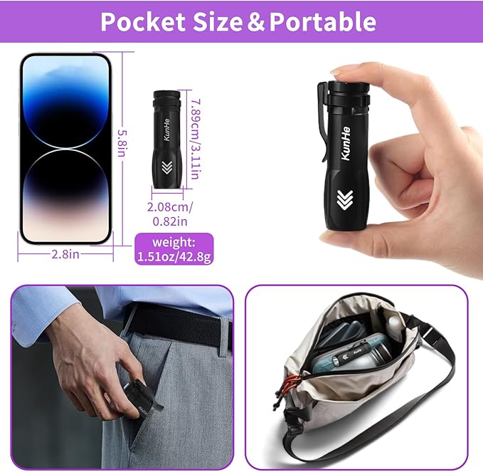 KunHe 20 Pack Mini UV 395nm Flashlight 3W Rechargeable UV Flashlight Bulk for Hotel Cleaning Pet Stain Detection Scorpion Seeking Mineral Identification Resin Curing