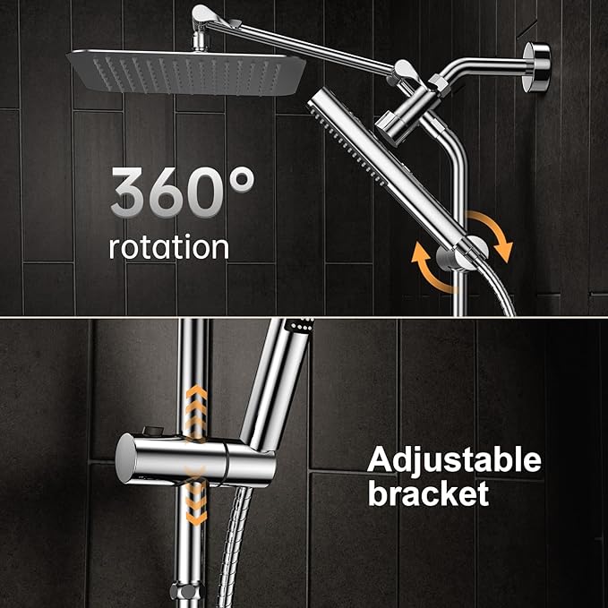 Veken Shower Head, 10'' All Metal Rain Shower Heads with Handheld Spray Combo, Hand Held Bathroom Combo with Extension Arm, Dual shower with Power Wash, Adjustable Rainfall Showerhead, Chrome