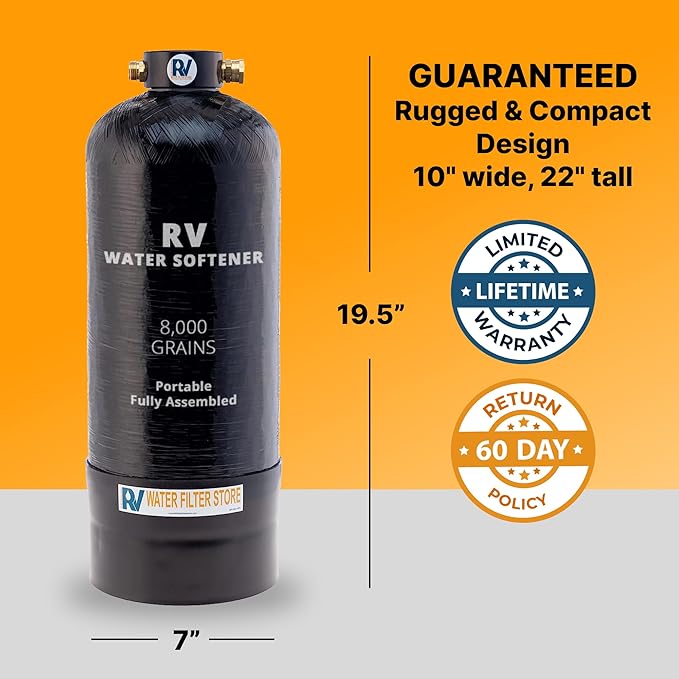 Essential RV Water Softener Portable 8,000 Grain w Custom Hose, 3/4" Fittings, Softens Hard Water for RV's Vanlife Nomads Boondockers, New Lighter & Compact Model Easy Storage