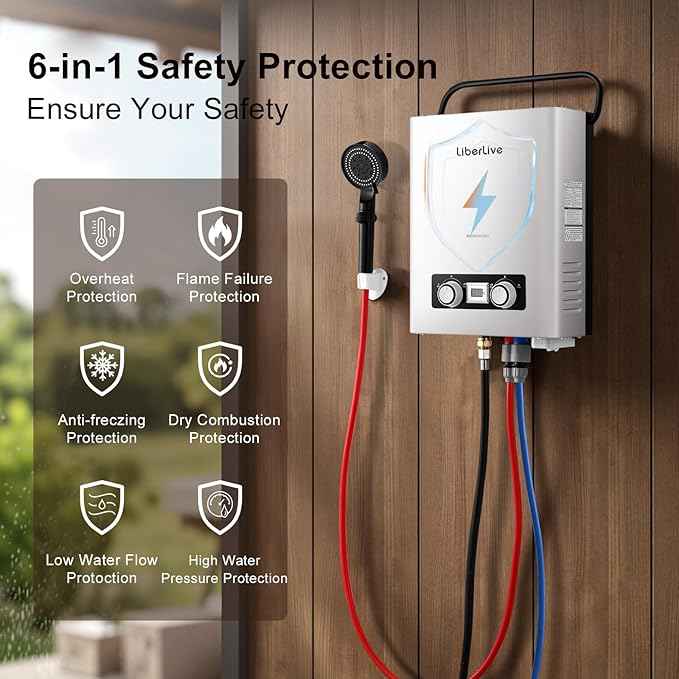 Propane Tankless Water Heater, 5L 1.32 GPM Outdoor Portable Gas Instant Hot Water Heater with Digital Display Overheating Protection, for Camping Barn Cabin RV White