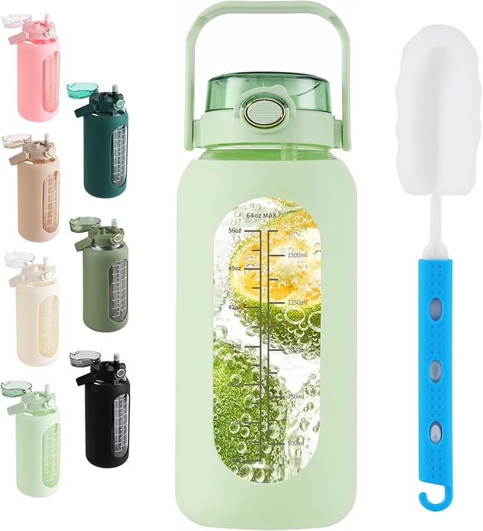 SIEROZUR 64 oz Glass Water Bottle with Straw and Handle Lid Half Gallon Motivational Glass Bottle with Silicone Sleeve and Time Marker Large Reusable Sports Water Jug for Gym Home Workout