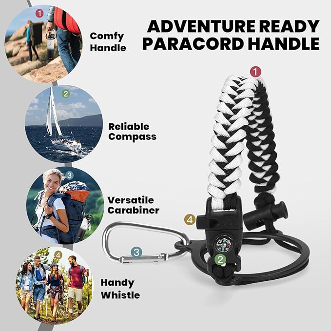 Insulated Water Bottle 24oz, Triple Wall Vacuum Stainless Steel (Cold for 48 Hrs, Hot for 24Hrs), Leak Proof & Non-BPA, 24oz Hydro Water Flask with Paracord Handle & Straw Spout Lids