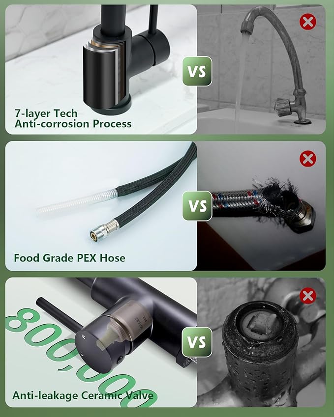 Black Kitchen Faucet with Pull Down Sprayer, VFAUOSIT Industrial Commercial Stainless Steel Single Handle Single Hole 3 Hole RV Laundry Pull Down Pull Out Gooseneck Kitchen Sink Faucets Matte Black