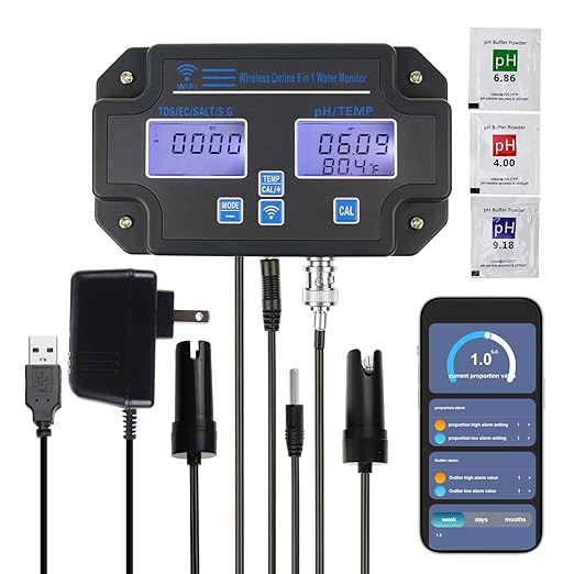 Professional 6-in-1 Water Quality Monitor Tests pH, TDS, EC, Salinity, SG, Temperature Wi-Fi Smart Sensor with App & Data Logging for Aquarium, Fish Pond, Hydroponics