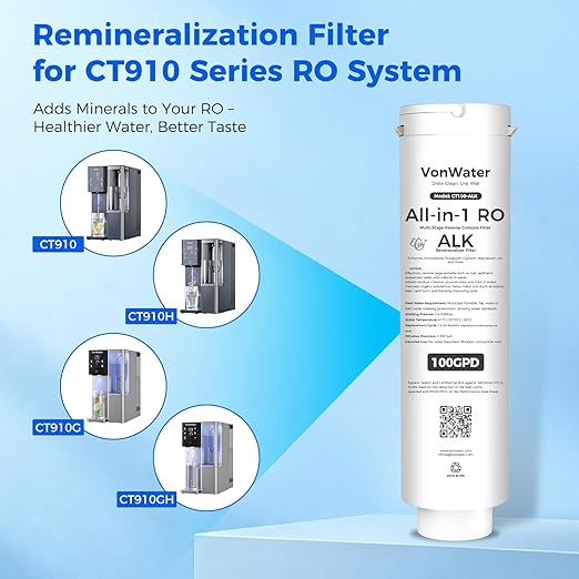 CT100-ALK Replacement Filter | 𝐀𝐥𝐤𝐚𝐥𝐢𝐧𝐞 pH+ RO Filter Cartridge for CT910/C5/CT910G Series | 100GPD 12-24 Months | NSF/ANSI372,42,58 Standards, Reduce TDS PFAS (CT100-ALK)