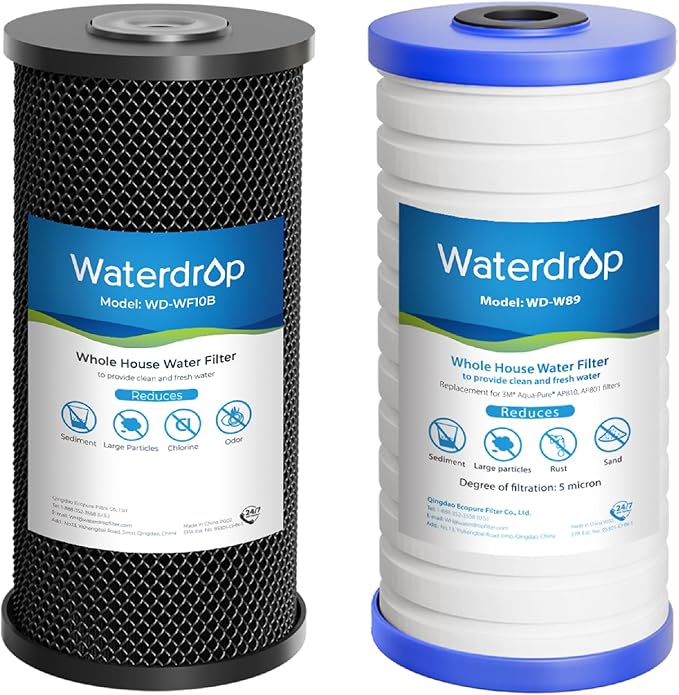 Waterdrop Whole House Water Filter, Carbon Filter Reduce Chlorine,Taste, and Odor Cartridge Replacement for GE GXWH40L, FXHTC, Ispring, Culligan® RFC-BBSA, Whirlpool®, Any 10
