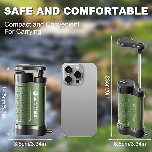 SurviMate Water Purifier Survival Pump，0.01 Micron 5-Stage Water Purifier System，Hand Pump Water Filter Portable Outdoor Emergency，Camping, Hiking, Backpacking