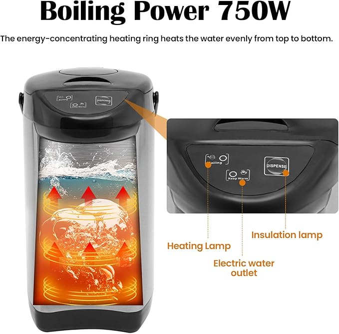 Electric Hot Water Urn Pot Dispenser 4L (135 Oz), Electric Hot Water Boiler and Warmer Anti-dry Burn Protection, Rotating Base, Instant Auto Boiler and Warmer, for Tea & Coffee (Black)