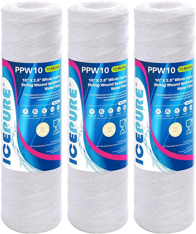 ICEPURE 10 Micron 10" x 2.5" String Wound Sediment Water Filter Cartridge for Well filter Universal Replacement for Any 10 inch RO Unit, WP-5, Aqua-Pure AP110 CFS110 Culligan P5 WFPFC4002 CW-MF, 3PACK