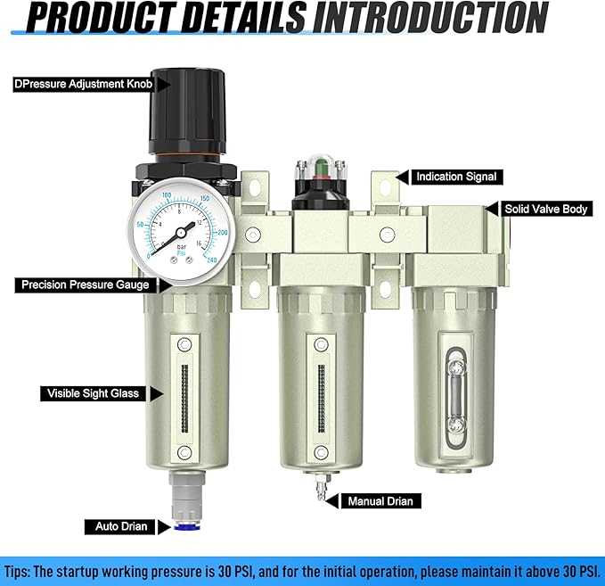 1/2" NPT Heavy Duty Industrial Grade 3 Stage Air Drying System, Auto Drain, Coalescing Filter, Particulate Filter, Desiccant Dryer and Air Regulator For Plasma Cutter and Paint Spray - AquaVibe