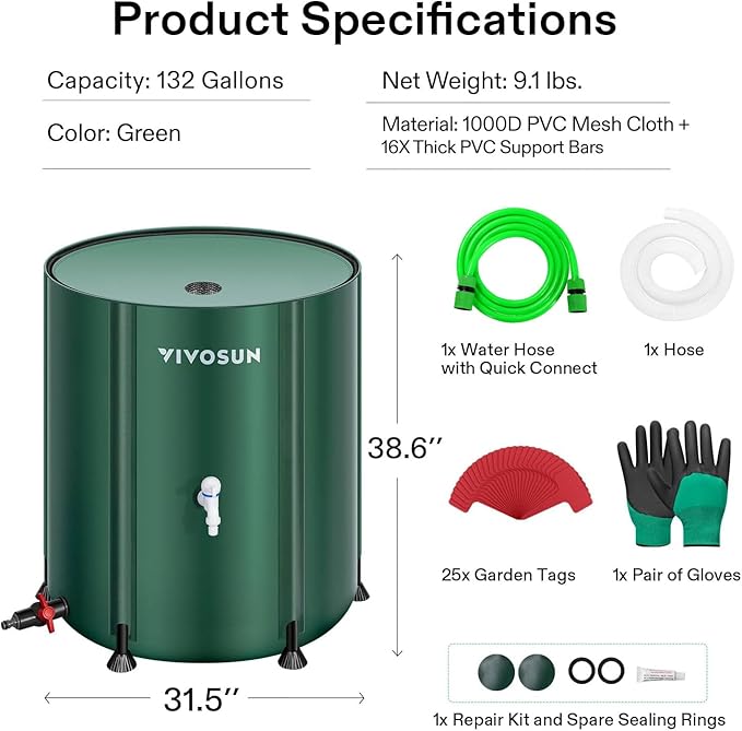 VIVOSUN Collapsible Rain Barrel, 132 Gallon Water Storage Tank with 1000D Oxford Cloth, Portable Rain Collection System Includes Two Spigots and Overflow Kit, Green