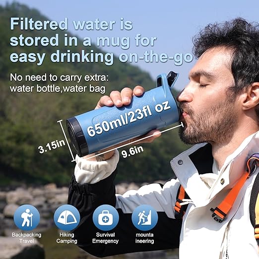 SurviMate Electric Water Purifier Survival,Portable Water Filter Bottle for Survival,0.01μm 22 Ounces with Emergency Lighting, NSF/ANSI 42&372 Certified,Bottle with Filter for Hiking, Camping, Travel