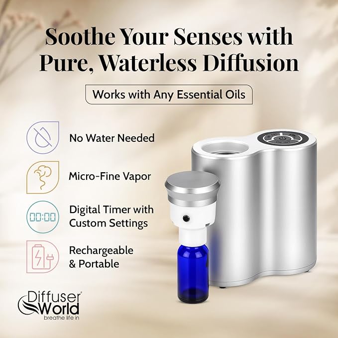 Aroma-Infinity Essential Oil Diffuser for Home Scent Diffusers - 100V-240V Portable & Waterless Aromatherapy Diffusers with Digital Timer, Nebulizing Diffuser, Air Diffuser for Home-Silver