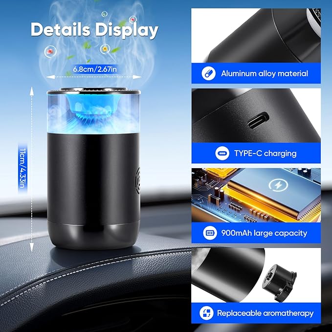 Smart Car Air Freshener Car Air Diffuser with Beautiful Cloud Mist Effect, Auto On/Off, 2 x Perfumes Refills (Osmanthus & Oceann), 900mAh Battery, 4 Modes, Ambiance Light Car Fragrance Diffuser