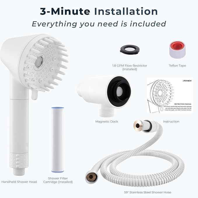 Ryamen 2026 Magnetic Filtered Shower Head with Handheld– High Pressure Showerhead with Power Wash Mode, Chlorine Removal, Massage Brush, Pressure Adjustable, One-Touch Pause & Stainless Steel Hose