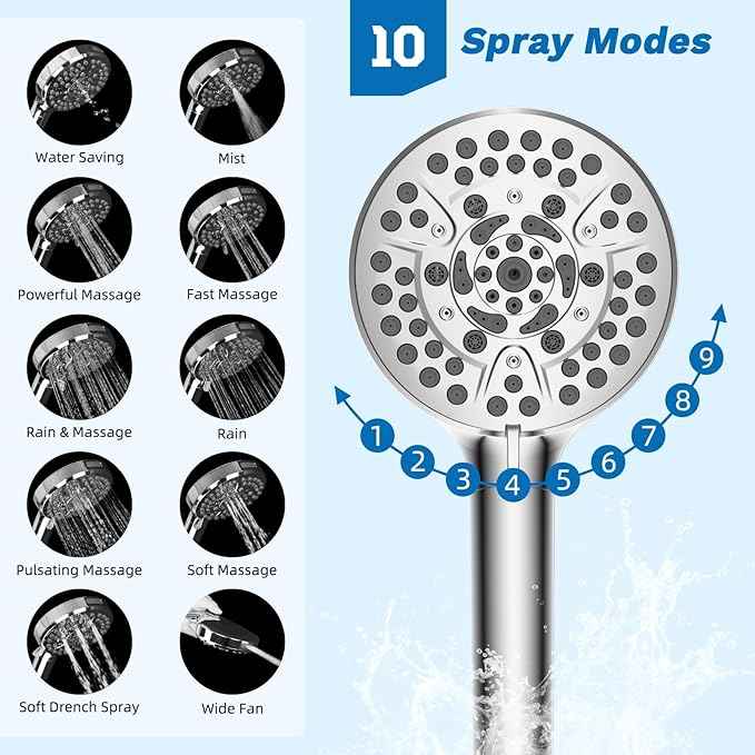 Hibbent cUPC Certified 13'' Shower Head Combo, High Pressure 5 Spray Rainfall Showerhead, 10 Spray Mode Handheld, All Metal Easy Reach 4-way Diverter Arm with Pause Mode, 71'' Hose and Holder, Chrome