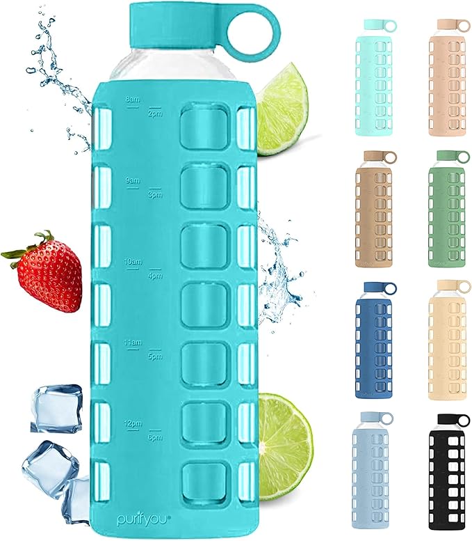 purifyou 40oz / 32oz / 22oz / 12oz Borosilicate Glass Water Bottle with Time & Volume Markers, Silicone Sleeve, Stainless Steel Lid | Reusable Glass Bottle for Water & Juice (32oz Aqua Blue)