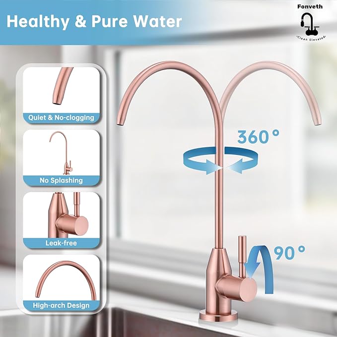 Drinking Water Faucet, Red Copper RO Faucet SUS 304 Stainless Steel for Under Sink Water Filter System Reverse Osmosis Non-Air Gap for Kitchen