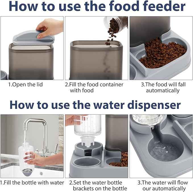 Yummy Sam Automatic Cat Feeder and Water Dispenser, 2 in 1 Large Capacity Gravity Small Pet Auto 2.5L Pet Feeder and 1L Waterer Set Feeder Dish for Small Medium Pets Dog Puppy Kitten (Grey Black)
