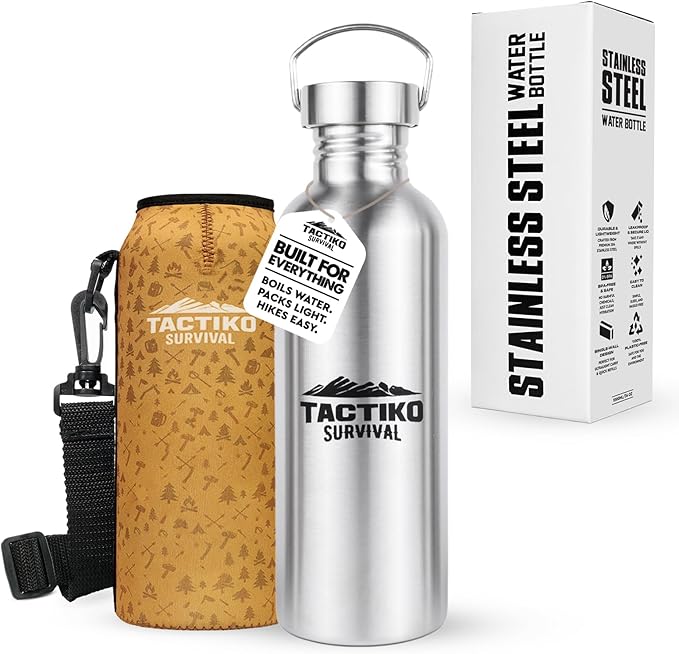 Tactiko Survival 34 oz/1000 ml Stainless Steel Wide Mouth Water Bottle, Single Wall Boil-Safe, Leakproof, BPA-Free with Carry Sleeve and Strap for Camping, Hiking, Outdoor Prep (Tan)