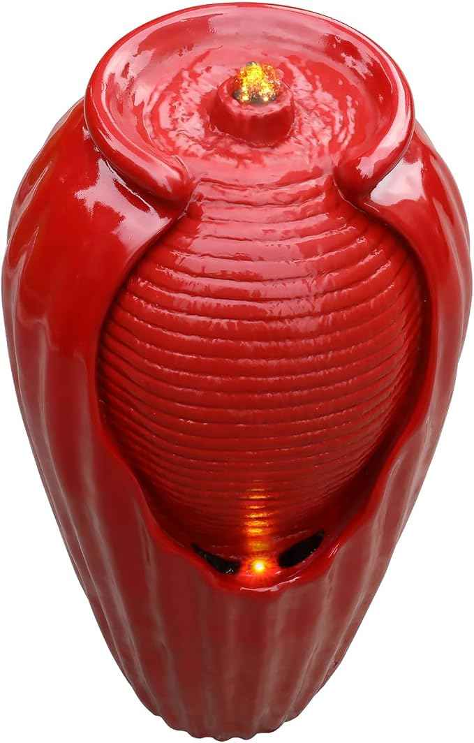 Teamson Home Glazed Vase Floor Freestanding Water Fountain with LED Lights and Pump for Outdoor Patio Backyard Deck Plant Garden Décor, 32 Inch Height, Red
