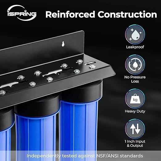 iSpring WGB32B-MKS+AHPF12MNPT16X2 3-Stage Whole House Water Filter System w/ 3/4'' Push-Fit Stainless Steel Hose Connectors, Reduces Iron, Hydrogen Sulfide, Lead, Chlorine, Chloramine, Manganese