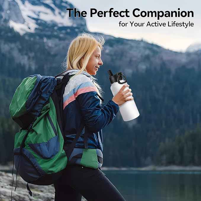 Neihepal 32 oz Insulated Water Bottles Bulk with 2 Lids (Straw & Spout Lid), Stainless Steel Double Wall Water Bottle, Keeps Cold 24H & Hot 12H (White,4 Pack)