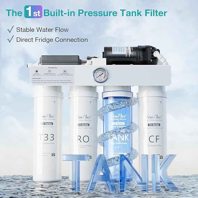 SimPure T2-600T Reverse Osmosis Water Filter System, Clear Water Near 0 TDS, NSF/ANSI 58 Certified, Built-in Pressure Tank Filter, UV, 600 GPD 8 Stage RO Filtration 2:1 Pure to Drain Ratio