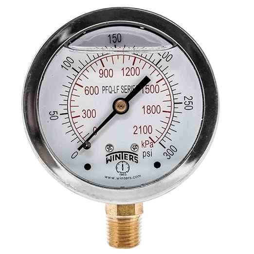 Winters 2-1/2" Dial Size, Liquid Filled Pressure Gauge, Potable Brass Internals, 304 Stainless Steel Case, Dual Scale 0-300 psi/kPa, 1.5% Acc, 1/4" NPT Bottom Mount, Drinking Water Pressure Gauge