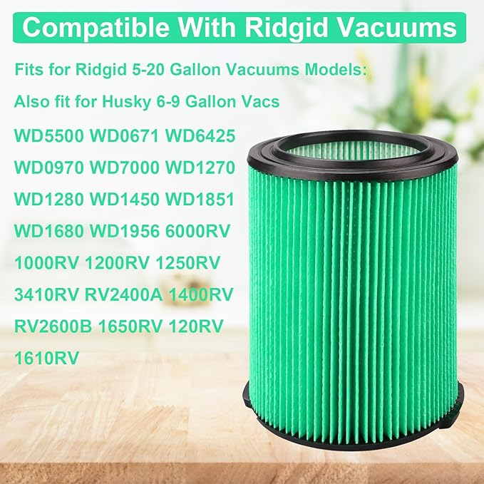 VF6000 Replacement Filter for Rigid, Compatible with 5-20 Gallon Wet/Dry Vacuums WD5500 WD0671 WD6425 WD7000 WD1280 WD1851 WD1680 WD1956 RV2400A 1400RV RV2600B, Fit for Husky 6-9 Gallon Vacs (2 Pack) - AquaVibe