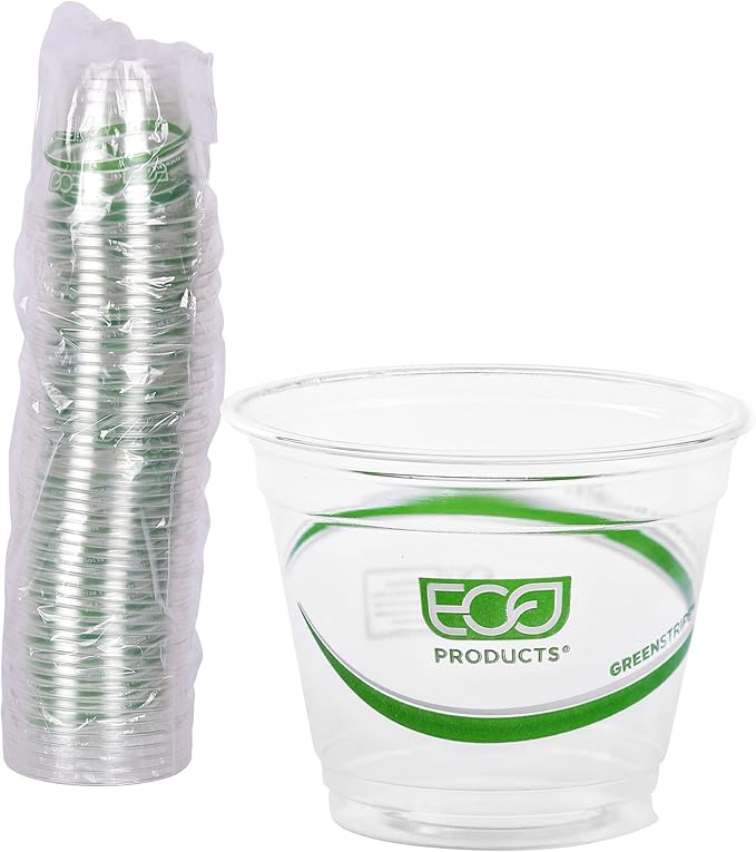 ECO PRODUCTS GreenStripe Clear Compostable 9oz PLA Plastic Cups, Pack of 50, Disposable Renewable Plant-Based Cold Cups, for Cold Drinks & Snacks, BPI Certified, ASTM Compliant.