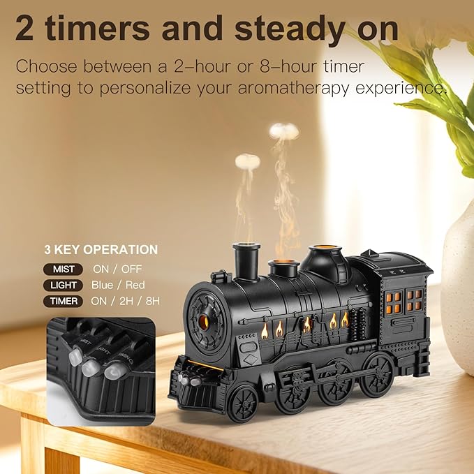 Essential Oil Diffuser Train Diffuser 300ml, Train Humidifier, Aromatherapy Diffuser Cool Mist Aromatherapy with 2 Light 2 Mist Mode Auto Shut-Off, Remote Included for Office Baby Home (Black)