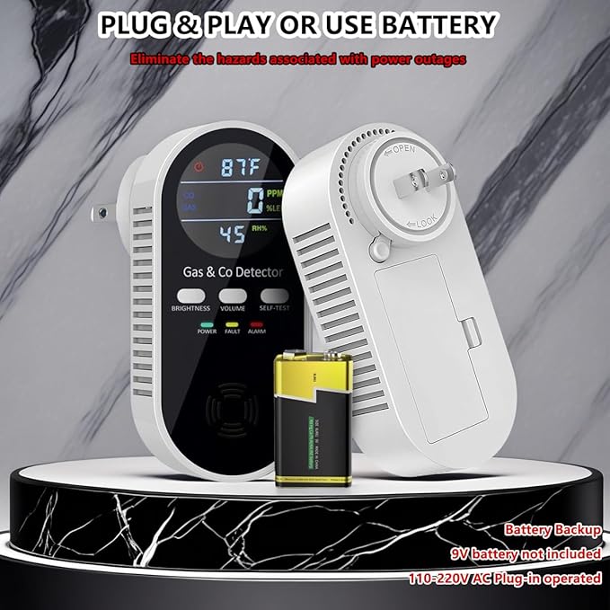 5 in 1 Carbon Monoxide Detector & Natural Gas Detector with Temperature Humidity Display，Battery Backup for Plug-in Co Detector and Combination Gas Suitable for Home/Hotel/Travel - 1Pcs