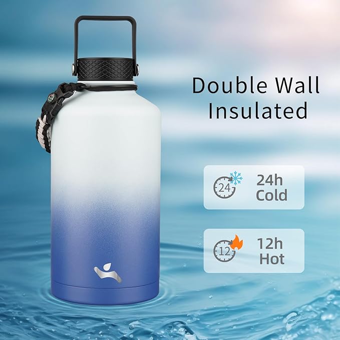 Insulated Water Bottle with Straw,87 oz 3 Lids Water Jug with Carrying Bag,Paracord Handle,Double Wall Vacuum Stainless Steel Metal Flask,Sky