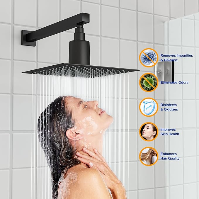 Dcolora Filtered Rain Shower Head – 10 Inch Matte Black 304 Stainless Steel with 16-Stage Water Filter, Nano Titanium Coating, Improves Skin & Hair – Filter Cartridge Included (Black, 8 Inch)