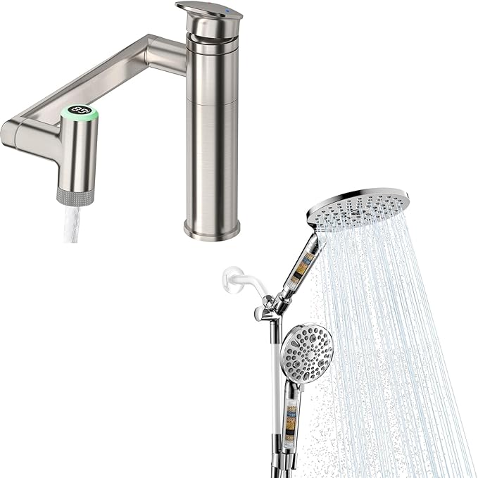 HOWUWEY Brushed Nickel Rotatable Single Hole Bathroom Vanity Faucet with Temperature Display & HOWUWEY Chrome Filtered Dual Shower Head with Handheld Spray Combo for Hard Water