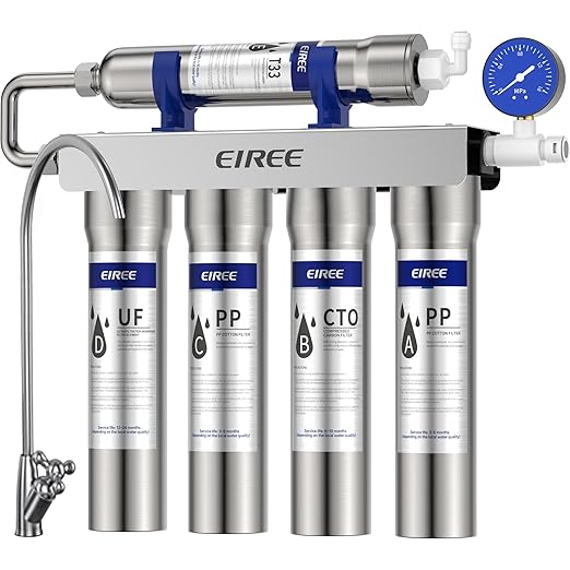 Eiree H502A Ultrafiltration Undersink Water Filter Systems,Stainless Steel Water Filter for Sink, Reduces Chlorine, Taste and Odor, 99.99% of Contaminants Larger Than 0.01μm, USA Tech