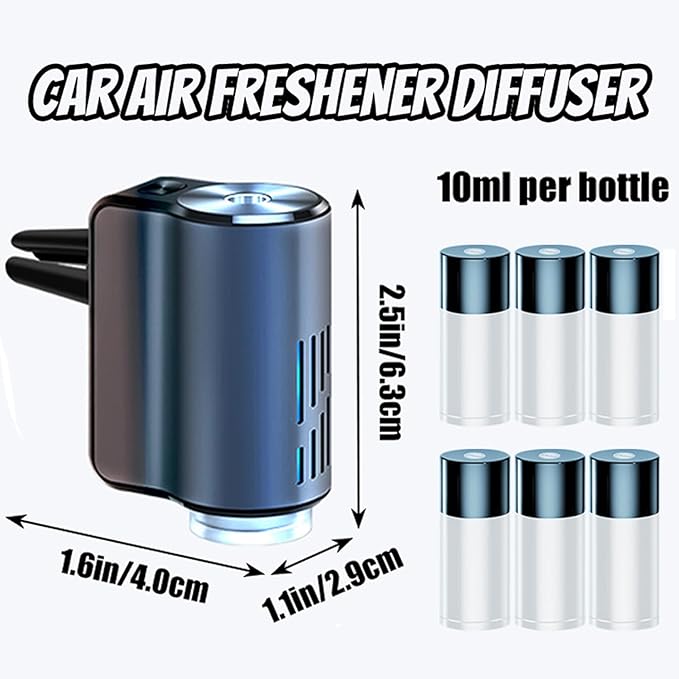 Car Air Freshener Diffuser, Smart Car Air Freshener, 3 Adjustable Modes, Auto On/Off Smart Cars Diffuser, Rechargeable Aromatizante Para Carro Difusor with 6 Bottles Essential Oil