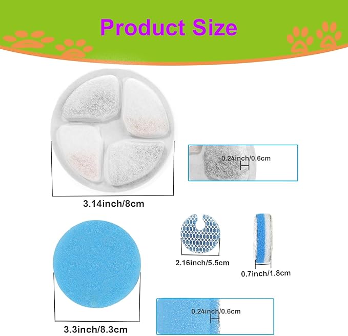 Cat Water Fountain Filter,Cat Fountain Filters Replacement for Round 2L/67oz Stainless Steel Pet Water Fountain,10 Pack Pet Fountain Filter Replacement