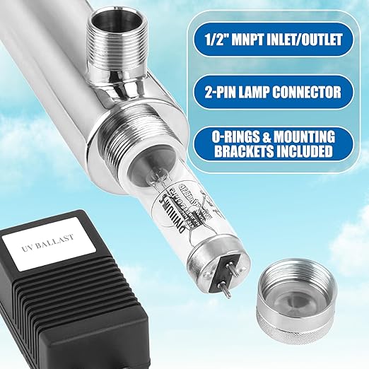 Ozmosis Whole House Ultraviolet Water Purifier Filter – 55W, 120V Stainless Steel UV Unit, 1/2" MNPT Inlet/Outlet, 18 GPM, LED Ballast with O-Rings & Mounting Brackets