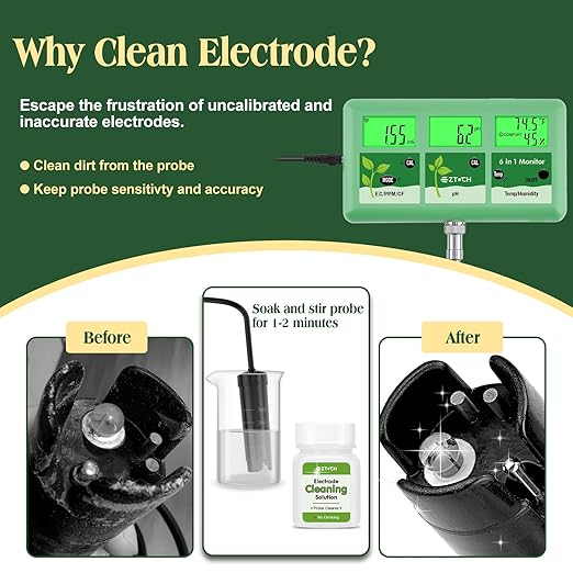 6 in 1 pH EC TDS Monitor for Water Hydroponic with pH EC Calibration Solution, Probe Cleaning Solution, with Extra EC 1413μS/cm and 12.88mS/cm EC Calibration Solution, Each 2 Bottles 50ml