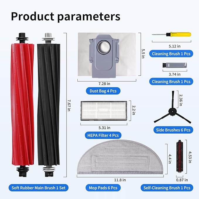 21 PCS Accessories Kit Compatible with Roborock S8 Pro Ultra Robot Vacuum Cleaner,6 Side Brushes,4 HEPA Filters,4 Dust Bags,1 Cleaning Brush,2 Main Brushes,4 Mop Pads,2 Tools - AquaVibe