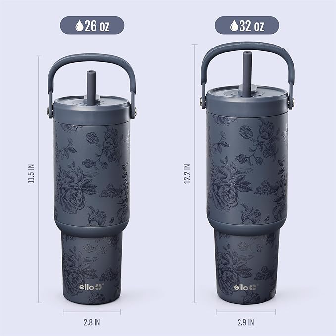Ello Oasis Go+ 26oz Tumbler with Top Handle and Retracting Straw | Reusable Insulated Stainless Steel Cup, 100% Leakproof Water Bottle, 24 Hours Cold, Cup Holder Friendly For Travel | Rose Navy