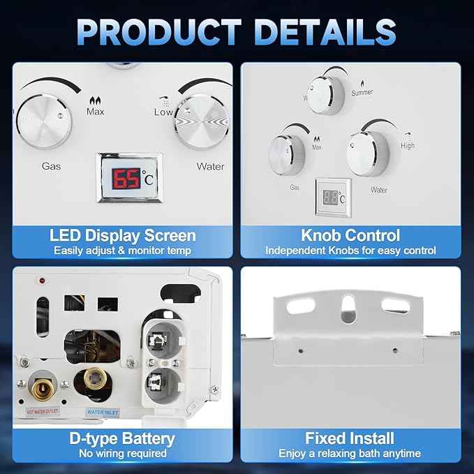 Propane Tankless Water Heater, 4.74 GPM 18L Outdoor Portable Instant Water Heater with Digital Display and Multi-Protection for RV, Camping, Cabins