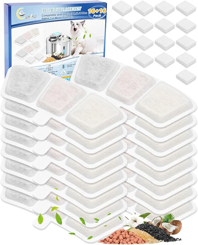 16+16 Pack Cat Fountain Filter Replacement Compatible with oneisall PW04 3.5L/118oz, Fit for oneisall Cat Water Fountain Stainless Steel Filters, Keeping Pet Water Clean