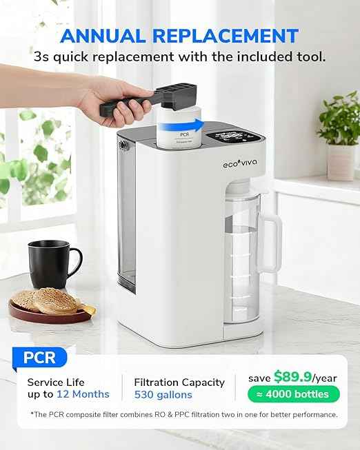 Ecoviva Mate 3 Countertop Reverse Osmosis Water Filter, 8-Stage RO Water Filtration System with 44oz Water Pitcher Smart Auto-Filling, 3:1 Pure to Drain, Tabletop Purifier, White