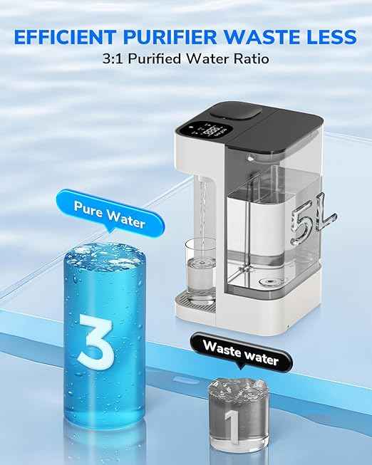 Ecoviva Mate 3 Countertop Reverse Osmosis Water Filter, 8-Stage RO Water Filtration System with 44oz Water Pitcher Smart Auto-Filling, 3:1 Pure to Drain, Tabletop Purifier, White