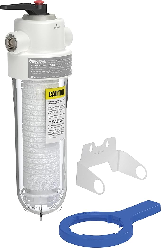 HYDROVOS 10-Inch Whole House Water Filter System, NSF Certified Reduces Sediment, Features 3/4” Stainless Steel Ports, Built-in Pressure Relief and Bypass Valve, One 10" x 2.5" Filter Included