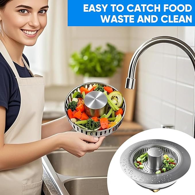 Upgraded 3-in-1 Kitchen Sink Drain Strainer Stopper 2025|Rust-Proof Strainer Basket |Universal Fit for Standard 3.5" Drains |Anti-Clog&Odor Filter |Efficient Drainage (Stainless Steel, 2 PCS)