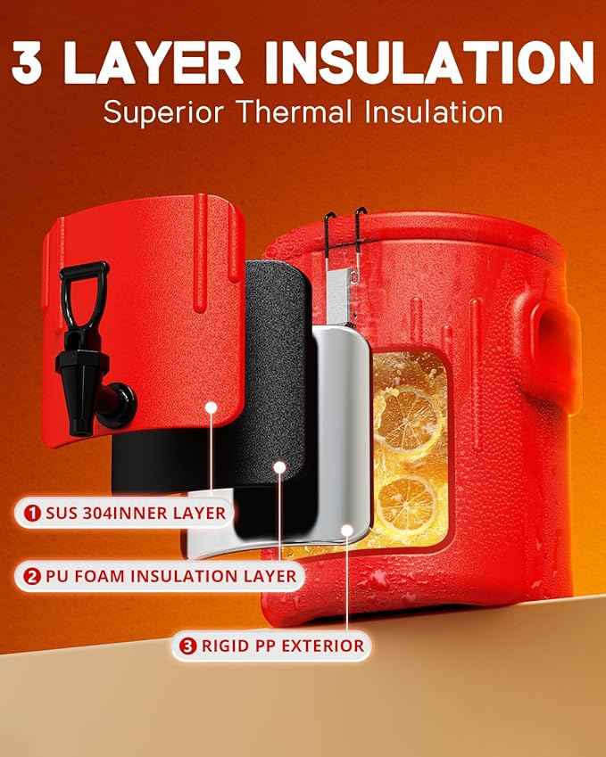 Insulated Beverage Dispenser 3.5 Gallon- Ice and Hot Drink Dispenser with 304 Stainless Steel Interior and Spout, Portable Hot Water Dispenser, Outdoors Cooler Jug for Camping Party Sports, New